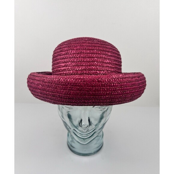 VTG Laura Ashley Italy Pink Red Raffia Straw Hat Rolled Brim Coche Style Cottage main image 8